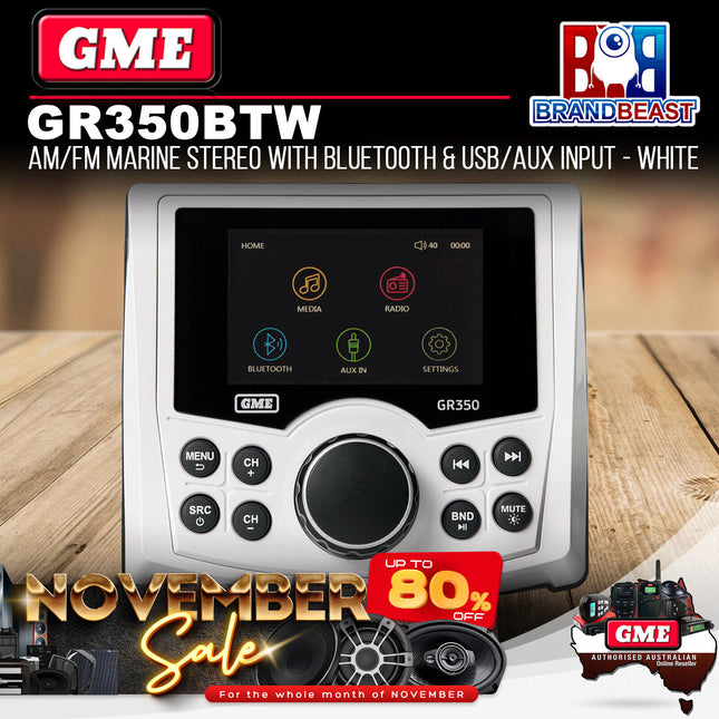 GME GR350BTW AM/FM Marine Stereo with Bluetooth & USB/AUX Input - White