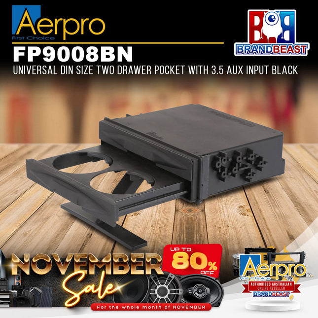 Aerpro FP9008BN Universal DIN Size Two Drawer Pocket with 3.5 Aux Input Black